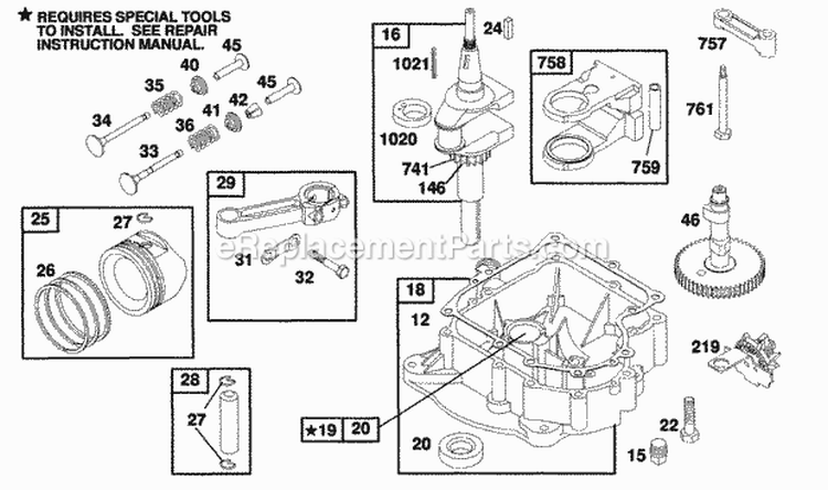 Piston Group Sump Base Cam Diagram and Parts List for 258702-0124-01  Briggs and Stratton Engine